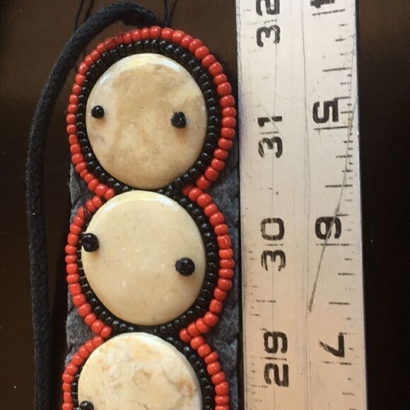 Hand crafted Mexican beaded and Stone fabric wide tie belt red black Vintage - Picture 3 of 8